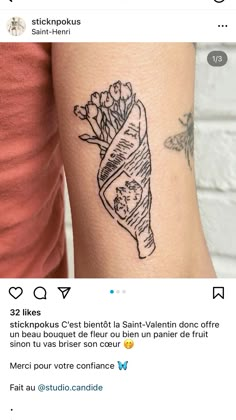 a woman's arm with a tattoo on it and an image of a vase full of flowers