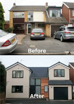 before and after shots of a house with cars parked in the driveway, on either side of it