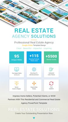 the real estate flyer is shown in blue, green and white colors with text that reads real