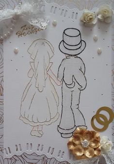 a card with an image of a man and woman in wedding attire on the front