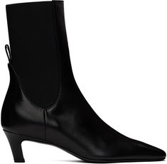 Ankle-high buffed leather boots in black. · Pointed square toe · Elasticized gusset at collar · Pull-loop at heel counter · Buffed leather lining · Covered kitten heel with rubber injection · Leather sole · Heel: H2 Supplier color: Black Toteme Boots, Leather Boots Heels, Kitten Heel, Mid Heel, Fall 2024, Leather Ankle Boots, Gift Guide, Leather Boots, Apparel Accessories