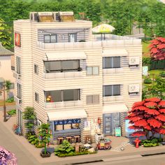 an artist's rendering of a two story apartment building with trees and bushes surrounding it