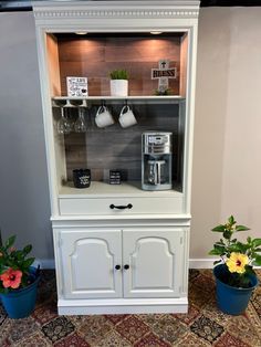 a white china cabinet sitting on top of a rug next to two potted plants