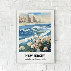 a white brick wall with a poster on it that says new jersey and flowers in the foreground