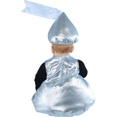 a small child wearing a silver dress and hat with a white ribbon on it's head