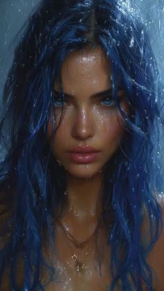 a woman with blue hair standing in the shower and looking at the camera while it rains