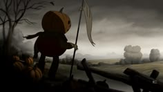 a cartoon character holding a flag and standing in front of a field with pumpkins