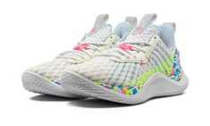 the nike zoom flyknit basketball shoe is white with multicolored details