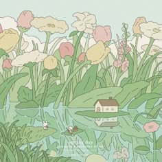 an image of flowers and grass in the water with a small house on it's side