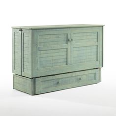 a blue wooden dresser with two drawers