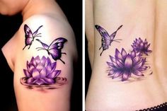 two pictures of tattoos with flowers and butterflies on the back of their bodies, one is purple