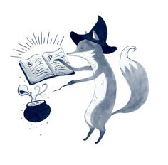 a drawing of a fox holding an open book and drinking from a teapot with a hat on its head