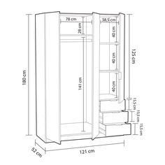 a drawing of a tall cabinet with drawers and shelves in the bottom right hand corner