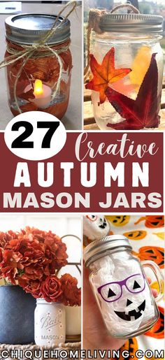 mason jars filled with autumn leaves and pumpkins are the perfect way to decorate your home