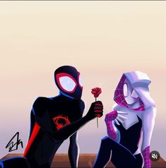 two spider - man are sitting next to each other and one is holding a rose