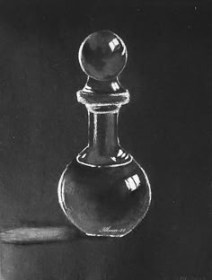 a black and white drawing of a glass bottle with a ball on it's top