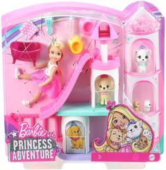 the barbie princess adventure playset is in its pink box and has two cats on it