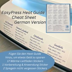 the easypress heat guide is open to show instructions for how to use it in german