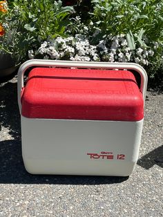 a red and white cooler sitting in front of some flowers on the ground with it's lid open