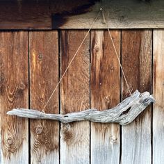 a piece of driftwood hanging from a wooden wall with ropes attached to the side