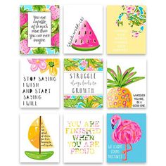 some cards with different types of fruit and watermelon on them, including pineapples