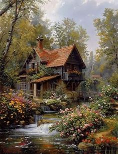 a painting of a house in the woods with flowers around it and a stream running by