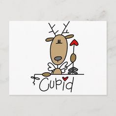 a reindeer with antlers on his head sitting at a table and holding a cupid sign