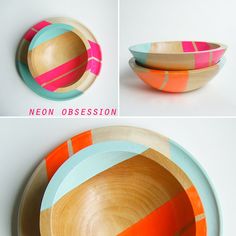 three different bowls are shown with the same color stripes on each bowl, and one is made out of plywood