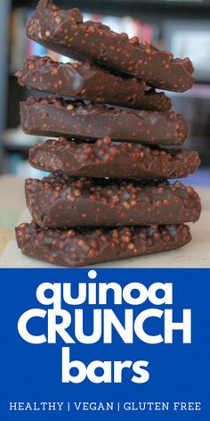 chocolate crunch bars stacked on top of each other with the title overlay reading healthy vegan gluten free