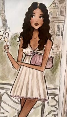 a drawing of a woman holding a wine glass in front of a window with the eiffel tower in the background