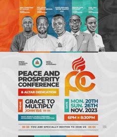 an event poster for the peace and prosperity conference with four men standing in front of each other