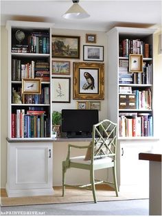 a chair sitting in front of a book shelf filled with books