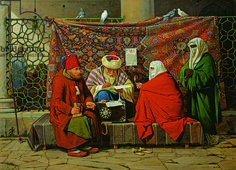 three men sitting on a bench in front of a rug with birds perched on it