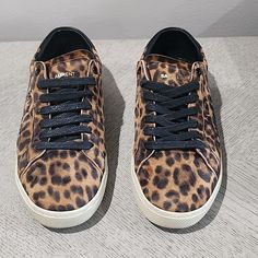 Suede Leopard Print Size 36/6 *Good Condition (Stain On Left Shoe Top, Pictured) Leopard Print Sneakers, Saint Laurent Shoes, Womens Shoes Sneakers, Black And Brown, Leopard Print, Saint Laurent, Shoes Sneakers, Stain, Size 6