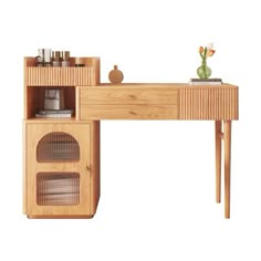 a wooden desk with shelves and drawers on it