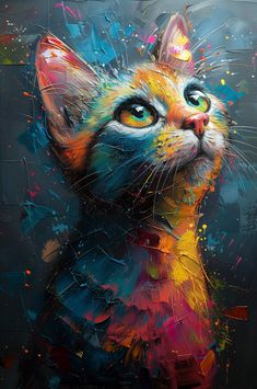 a painting of a cat's face with colorful paint splatters all over it