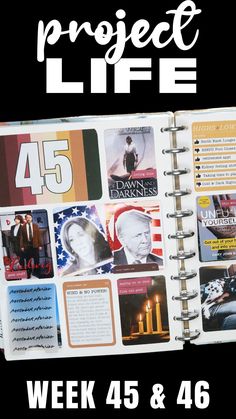 the project life book is open to show photos and text on it, with an american flag