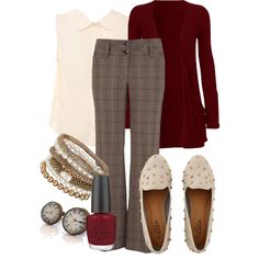 "Teacher Outfits on a Teacher's Budget 40" by allij28 on Polyvore Fall Professional Outfits, Brown Plaid Pants, Patterned Trousers, Burgundy Flats, Spring Teacher Outfits, Summer Teacher Outfits, Teacher Outfits Fall, Trousers Outfit