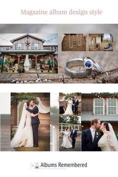 the wedding album is shown with photos and text, including an image of a bride and groom