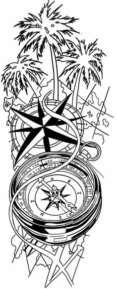 a black and white drawing of a compass with palm trees