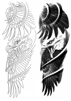 two eagle tattoos on one side and another with an eagle in the middle, both are black and white