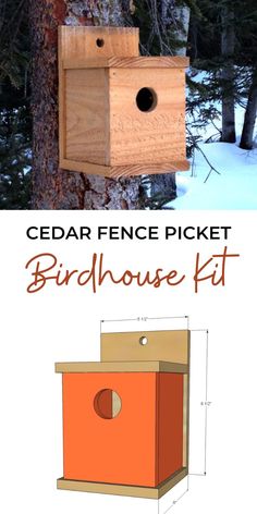 the cedar fence picket birdhouse kit is shown in front of a tree with snow on it