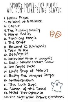 a list with words and pictures on it that say, spooky movies for people who don't like being scared