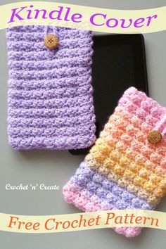 two crocheted cell phone cases sitting next to each other