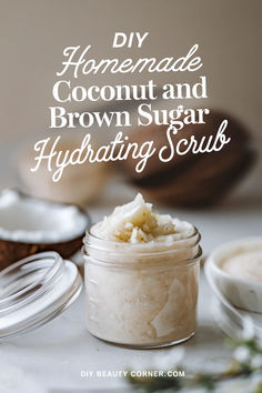 DIY Coconut & Brown Sugar Hydrating Body Scrub Home Made Exfoliating Scrub Skin, Diy Shower Scrub Recipes, Homemade Body Exfoliator, Natural Body Exfoliator, Hydrating Body Scrub Diy, Exfoliating Body Scrub Diy Recipes Coconut Oil, Things To Make With Coconut Oil Diy, Body Scrub Gift Ideas, Homemade Body Exfoliating Scrub