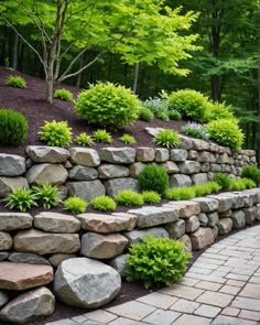 a stone retaining wall in the middle of a garden