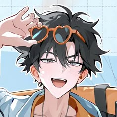 an anime character with sunglasses on his head and hair blowing in the wind, smiling