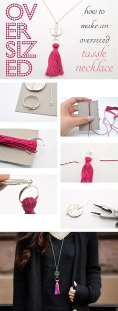 the instructions to make a tasseled necklace with yarn and scissors are shown in this video