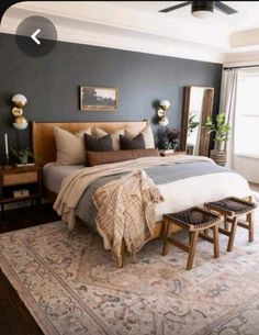 a bedroom with a large bed and two stools