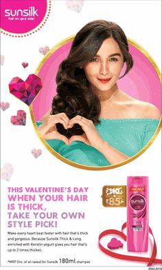 an advertisement for sunsil's valentine's day hair product with a woman making a heart shape